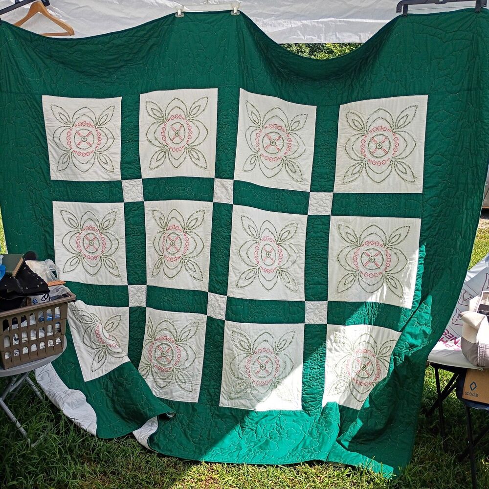 Hand Embroidered Stamped Cross Stitch Multicolor Floral Project Quilt 84x104